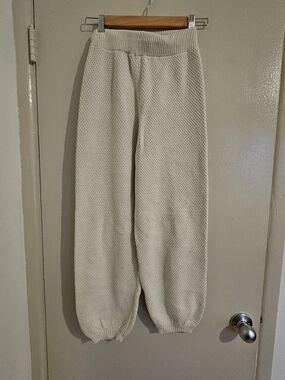 Cream Knit Jogger Pants with Ribbed Waist